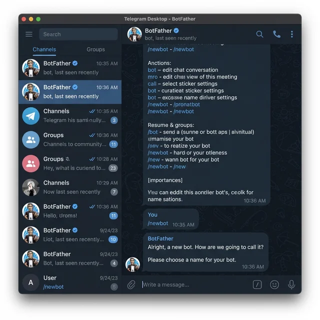 Uma captura de tela da interface do Telegram Desktop, enviando os comandos /newbot ao BotFather.