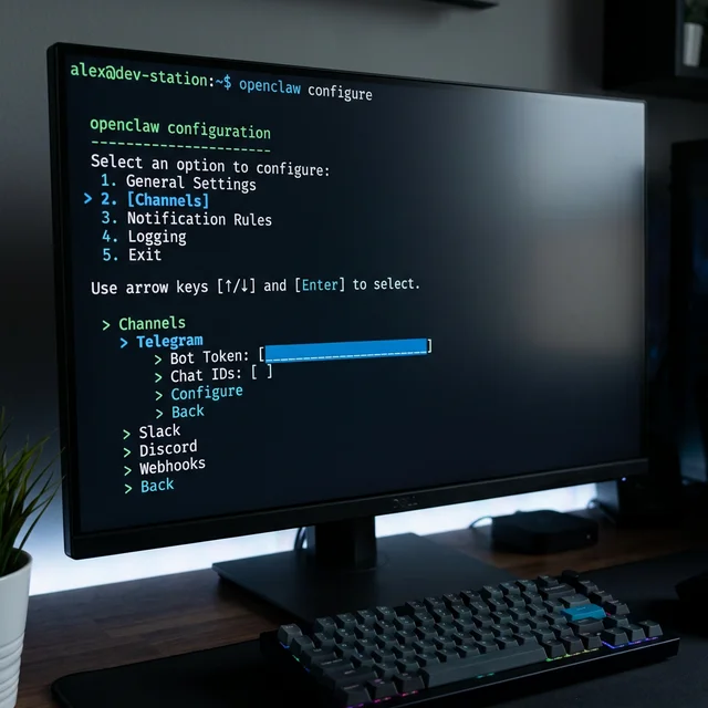 Imagem ilustrando um terminal moderno utilizando o comando openclaw configure e escolhendo as opções relativas ao bot.