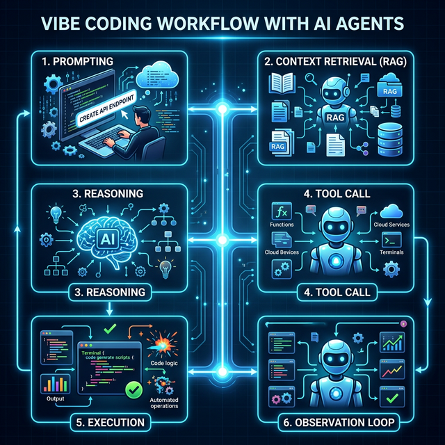 Diagrama ilustrando os 6 passos do fluxo de trabalho do Vibe Coding com Agentes de IA, desde o prompt até a observação.